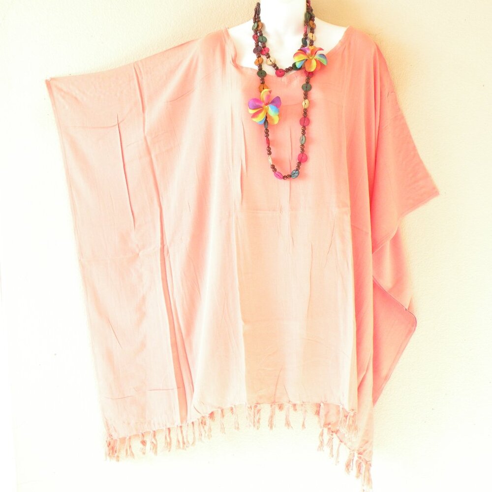 KB411 Peach Solid Fringes Kaftan Sleeve Plus Tunic Women Blouse Top - S to 5X